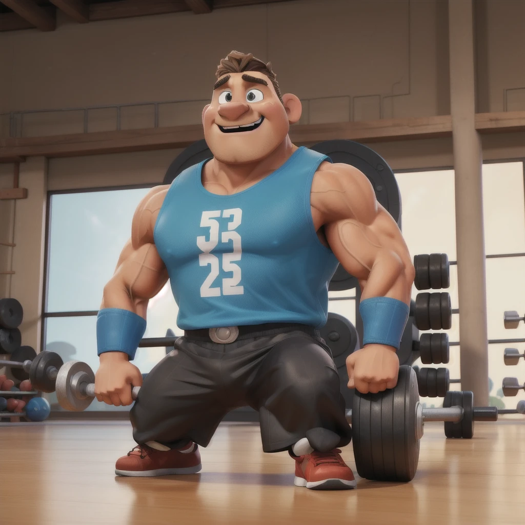 3D poster inspired by Pixar capturing a scene with a tall, Athletic and Strong anthromorphic caucasian sheph
erd 28-year-old dog, Wearing a fitness tank, wristbands and black gymshorts, in the middle of his gym. He is focused on engaging with his Leg Press 45º machine , showcasing his joy in teaching weightlifting to his 3 students. The gym equipment in the background adds depth to the scene. Typography in Pixar animation style anthromorphic for the title of the image 'CAUCAISIAN SHEPHERD DOG' on the top.