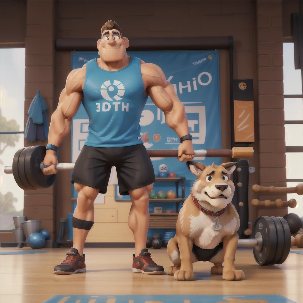 3D poster inspired by Pixar capturing a scene with a tall, Athletic and Strong anthromorphic caucasian sheph
erd 28-year-old dog, Wearing a fitness tank, wristbands and black gymshorts, in the middle of his gym. He is focused on engaging with his Leg Press 45º machine , showcasing his joy in teaching weightlifting to his 3 students. The gym equipment in the background adds depth to the scene. Typography in Pixar animation style anthromorphic for the title of the image 'CAUCAISIAN SHEPHERD DOG' on the top.