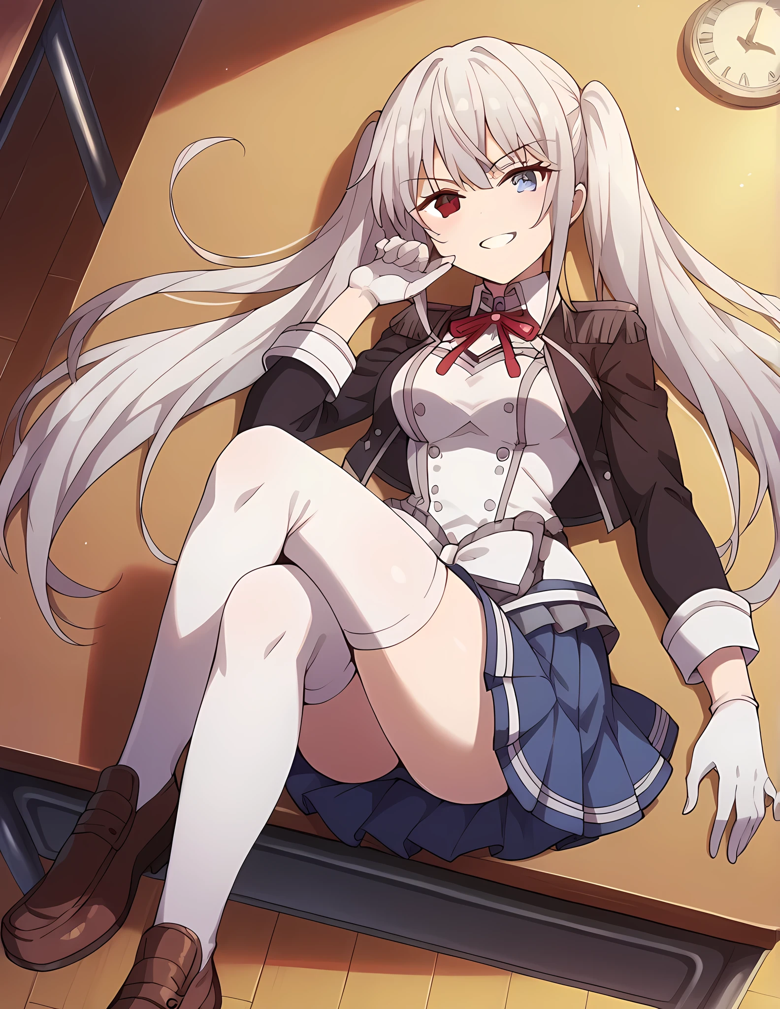 1girl, solo, long hair, breasts, medium breasts, looking at viewer, smile, clock blue eyes, , skirt, shirt, red eyes, thighhighs, gloves, long sleeves, ribbon, twintails, lying, on the desk, very long hair, black jacket, white shirt, white hair, pleated skirt, shoes, white gloves, grin, white thighhighs, red ribbon, blue skirt, neck ribbon, low twintails, heterochromia, brown footwear, crossed legs, loafers, tokisaki kurumi, in the school,