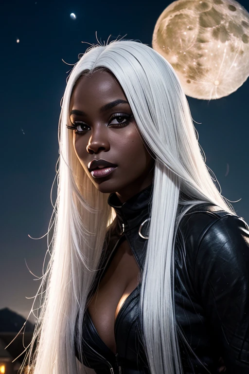 beautiful black female vampire with a smirk on her face long white hair nighttime (((1full moon))) great lighting mouth closed, town on fire large blaze
