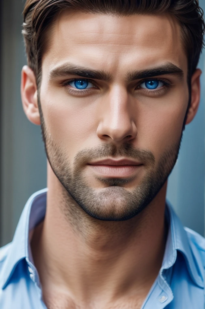 Super handsome man without beard and with blue eyes