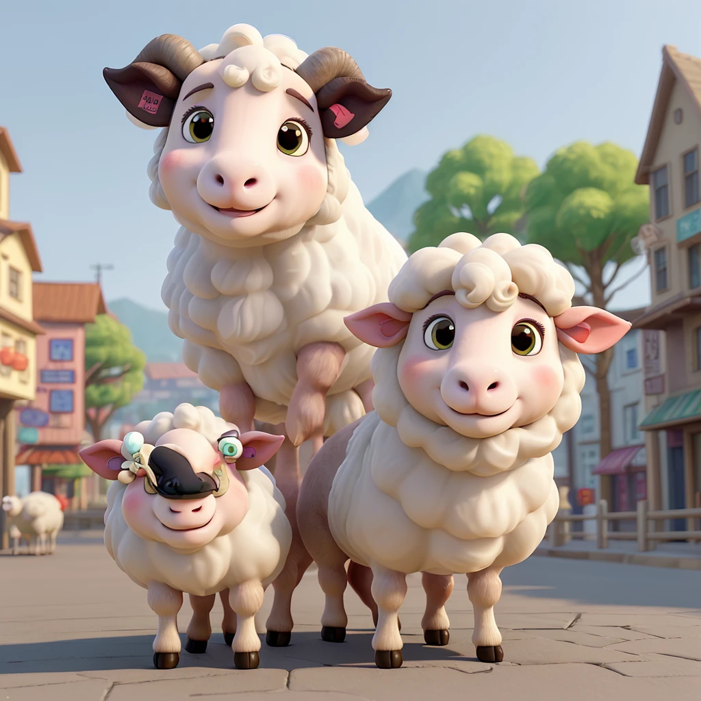 9:With aspect ratio of 16、Realistic portrait style image。The sheep is standing、A sheep is smiling and posing in an adorable way。She has an expressive and cute face。The background mimics a city street。The image must be in 4K quality。Sheep、One animal