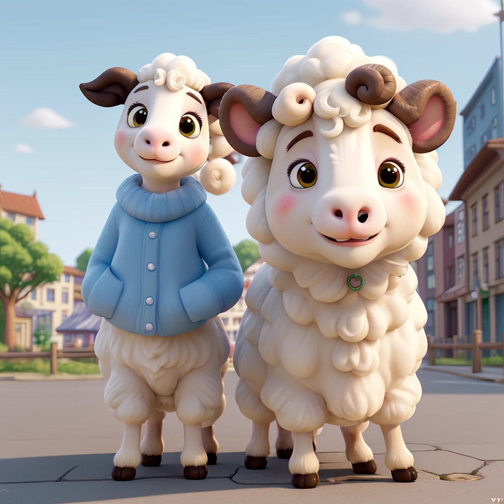9:With aspect ratio of 16、Realistic portrait style image。The sheep is standing、A sheep is smiling and posing in an adorable way。She has an expressive and cute face。The background mimics a city street。The image must be in 4K quality。Sheep、One animal