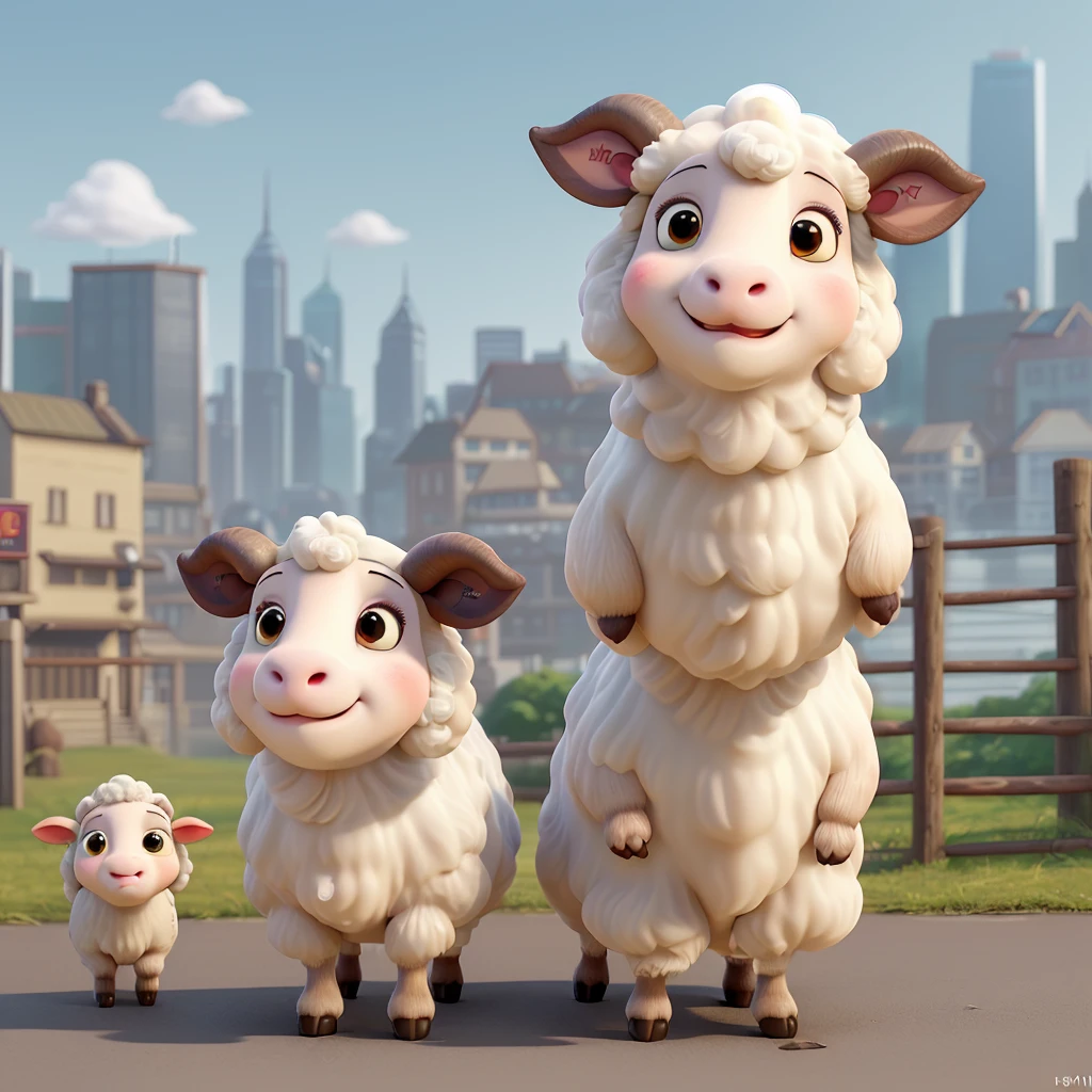 9:With aspect ratio of 16、Realistic portrait style image。The sheep is standing、A sheep is smiling and posing in an adorable way。She has an expressive and cute face。The background mimics a city street。The image must be in 4K quality。Sheep、One animal