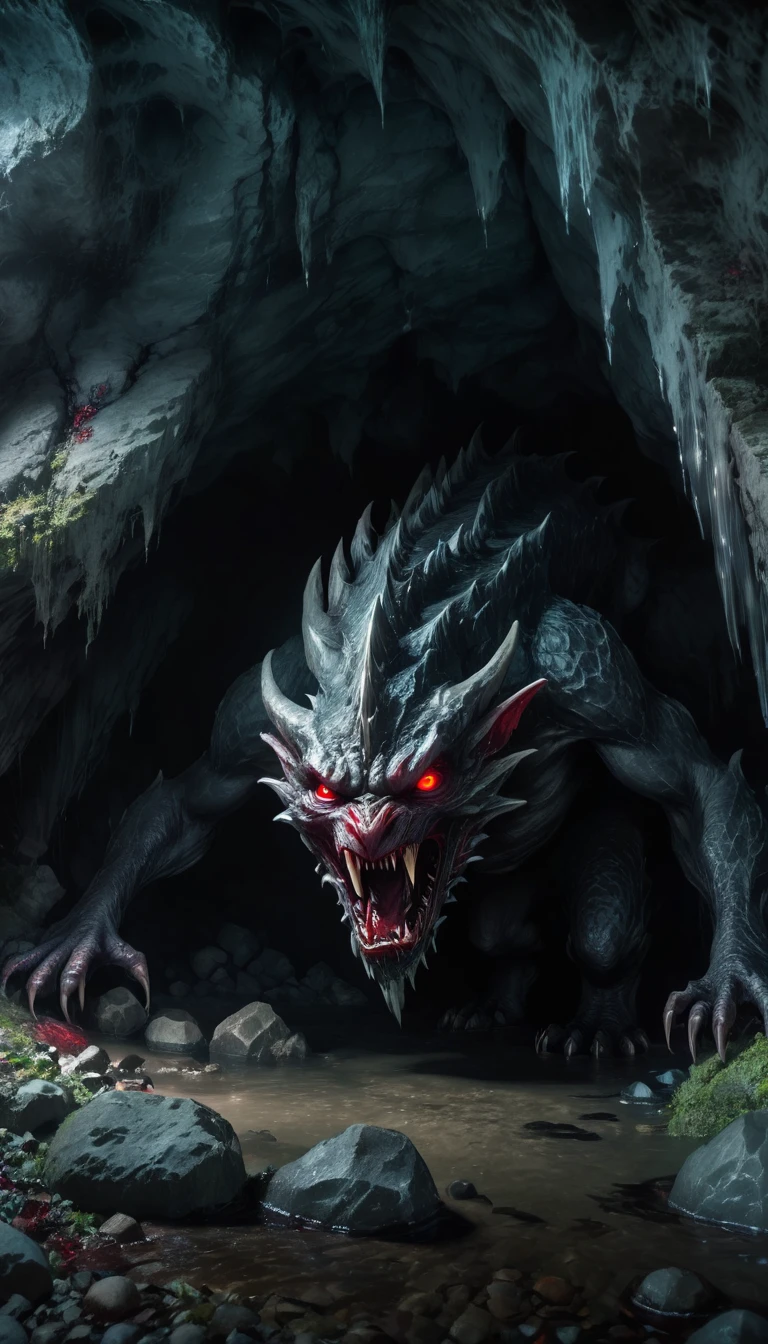 detailed fantasy creature, dark cave, bright red eyes, malevolent presence, mysterious atmosphere, dramatic lighting, Dark shadows, changing tones, cinematographic composition, Hyper realistic, 8k, high quality, Masterpiece