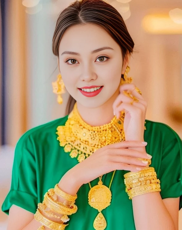 arafed asian woman in green and gold jewelry poses for a picture, wearing gold jewelry, gold jewelry, gold jewelry, Dressed in intricate green and gold., gold jewelryคำ, gold jewelryคำ, gold jewelry, In Lammanh style, elaborate gold jewelry, gold jewelry, gold jewelryคำที่สลับซับซ้อน, Ao Dai, gold jewelryคำ, Wear luxurious jewelry.