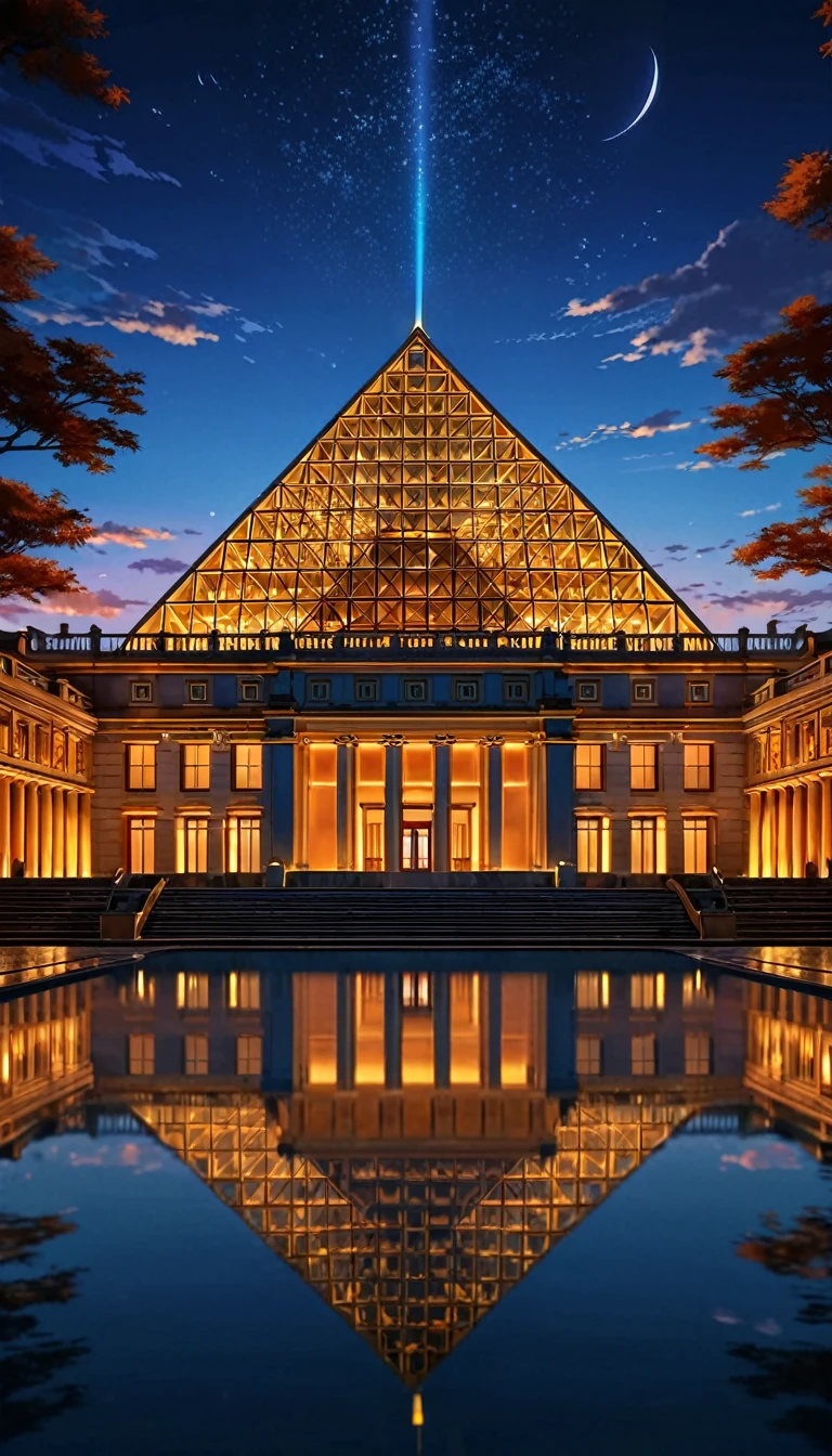 A stunning nighttime scene of a glass pyramid illuminated with golden light, situated in front of a grand historic building with intricate architectural details. The pyramid, reflecting perfectly on the calm water surrounding it, creates a mesmerizing symmetrical effect. The historic building behind the pyramid features elaborate stone carvings, arched windows, and majestic columns, all bathed in warm artificial lighting. The sky is a deep, soft orange, adding to the atmospheric and enchanting mood of the scene. The overall image captures the blend of modern and classical architecture, showcasing their beauty and harmony in a serene, illuminated setting.anime nature wallpaper, beautiful anime scenes, beautiful anime peace scenes, Makoto Shinkai Cyril Roland, beautiful anime scenes, amazing wallpaper, anime art wallpaper 8k, anime background, art anime backgrounds, anime 4k wallpaper, anime art 4k wallpaper, anime art 4k wallpaper