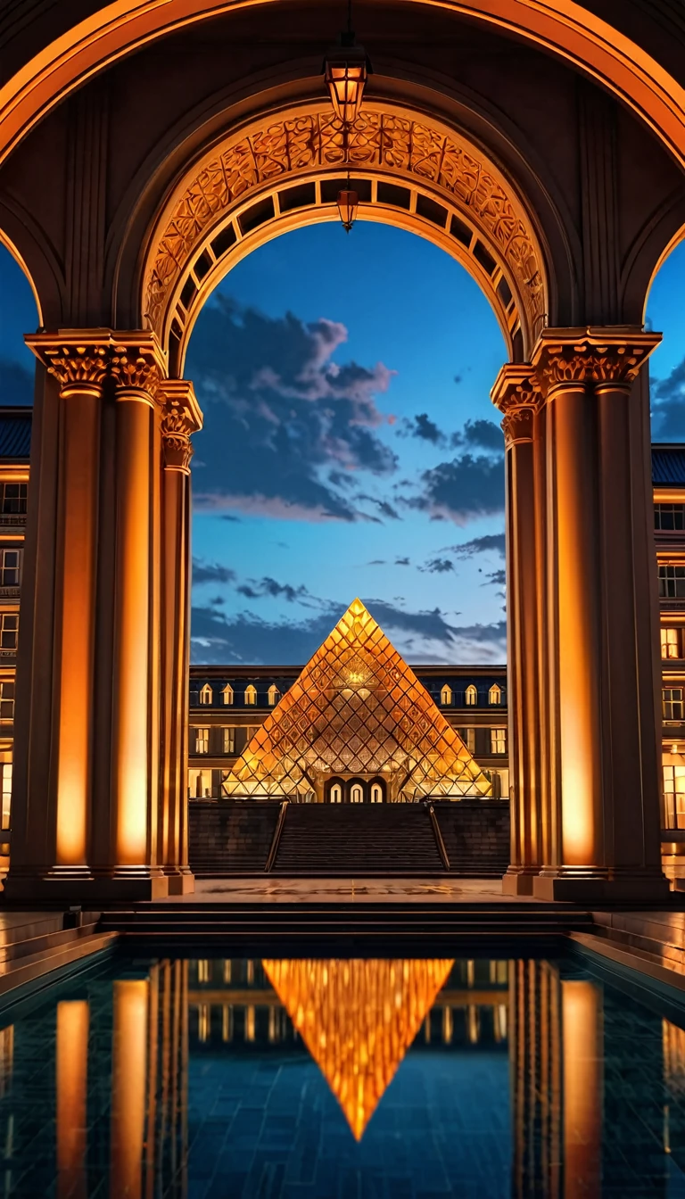 A stunning nighttime scene of a glass pyramid illuminated with golden light, situated in front of a grand historic building with intricate architectural details. The pyramid, reflecting perfectly on the calm water surrounding it, creates a mesmerizing symmetrical effect. The historic building behind the pyramid features elaborate stone carvings, arched windows, and majestic columns, all bathed in warm artificial lighting. The sky is a deep, soft orange, adding to the atmospheric and enchanting mood of the scene. The overall image captures the blend of modern and classical architecture, showcasing their beauty and harmony in a serene, illuminated setting.anime nature wallpaper, beautiful anime scenes, beautiful anime peace scenes, Makoto Shinkai Cyril Roland, beautiful anime scenes, amazing wallpaper, anime art wallpaper 8k, anime background, art anime backgrounds, anime 4k wallpaper, anime art 4k wallpaper, anime art 4k wallpaper