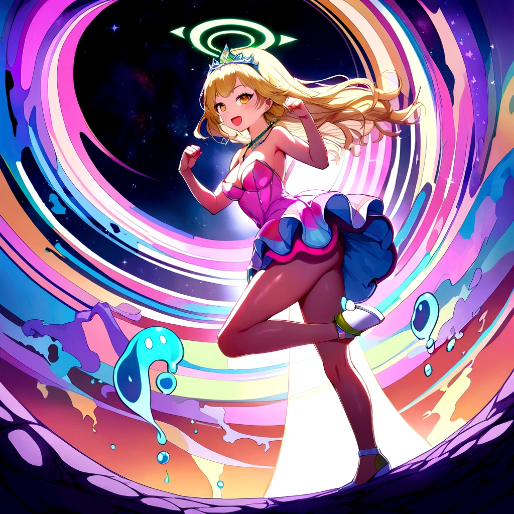 (Masterpiece:0.7), The best quality, illustration, 1Dark Magician Girl, Short skirt, shirt, Footwear, Necklace with a broken heart, out, black hole in the background, stars, space, in bed, The best quality, High resolution, extremely detailed, detailed background, Perfect lighting, (colorful, bright color:1.4), blond hair, Cotton candy cloud, sky, SMILE, dynamic pose, Beautiful pose, (only), (floating color ink:1.15), (Muchos toques colorfuls:1.0), (Floating Pink Blades:1.25), (Vortex Magic:1.1), (relaxed, cake:1.2), (multicolor:1.0), (beautiful detailed shine:1.0), (slime body:1.2), (gloomy expression:1.0), (Open mouth:1.0), (shadow), (blond hair:1.4), (by the width:1.0), (from the rear:1.3), (Demonic halo:1.3), (head bowing:1.0), (dynamic pose:1.1), (asymmetric hair:1.2), (blue collar shirt:0.7), (military), (Puffy dress), :1.4), diagonal stripe, blond hair, (floating cable:1.0), (winter:1.4), (inside, inside the room:1.1), (((tiara, witch has))), (Standing on one leg:1.1), (shiny skin:1.1), (Upper part of the body:1.25), latex clothes, Goddess Body, semi naked
