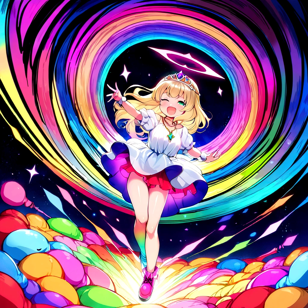 (Masterpiece:0.7), The best quality, illustration, 1Dark Magician Girl, Short skirt, shirt, Footwear, Necklace with a broken heart, out, black hole in the background, stars, space, in bed, The best quality, High resolution, extremely detailed, detailed background, Perfect lighting, (colorful, bright color:1.4), blond hair, Cotton candy cloud, sky, SMILE, dynamic pose, Beautiful pose, (only), (floating color ink:1.15), (Muchos toques colorfuls:1.0), (Floating Pink Blades:1.25), (Vortex Magic:1.1), (relaxed, cake:1.2), (multicolor:1.0), (beautiful detailed shine:1.0), (slime body:1.2), (gloomy expression:1.0), (Open mouth:1.0), (shadow), (blond hair:1.4), (by the width:1.0), (from the rear:1.3), (Demonic halo:1.3), (head bowing:1.0), (dynamic pose:1.1), (asymmetric hair:1.2), (blue collar shirt:0.7), (military), (Puffy dress), :1.4), diagonal stripe, blond hair, (floating cable:1.0), (winter:1.4), (inside, inside the room:1.1), (((tiara, witch has))), (Standing on one leg:1.1), (shiny skin:1.1), (Upper part of the body:1.25), latex clothes, Goddess Body, semi naked