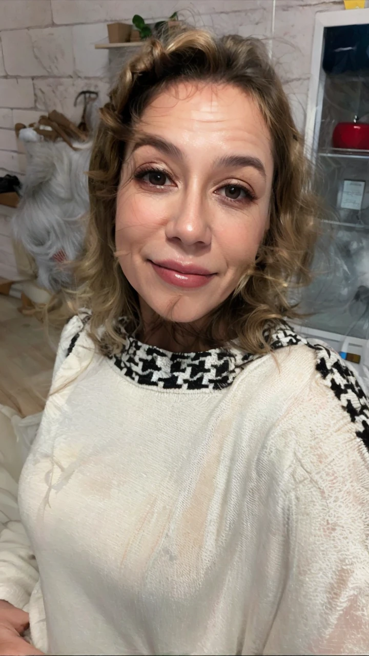 Woman 50 years old curly blonde hair brown eyes loving smile
