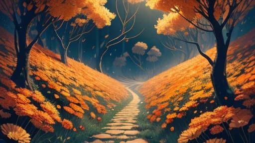 a beautiful orange forest with black details ,highly detailed , 8k high res ,with several orange flowers with several flowers being carried by the wind