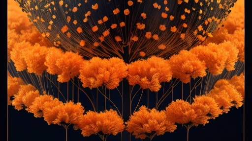 a beautiful orange forest with black details ,highly detailed , 8k high res ,with several orange flowers with several flowers being carried by the wind