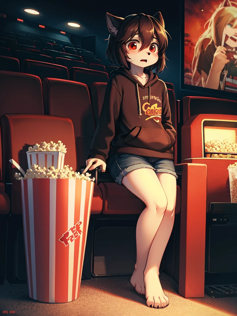 1girl,solo,cute,blush,black hair and short hair,after school,in theater,in theater room,she shitting a theater seat,she is barefeet,she watch a movie,she has a popcorn bucket