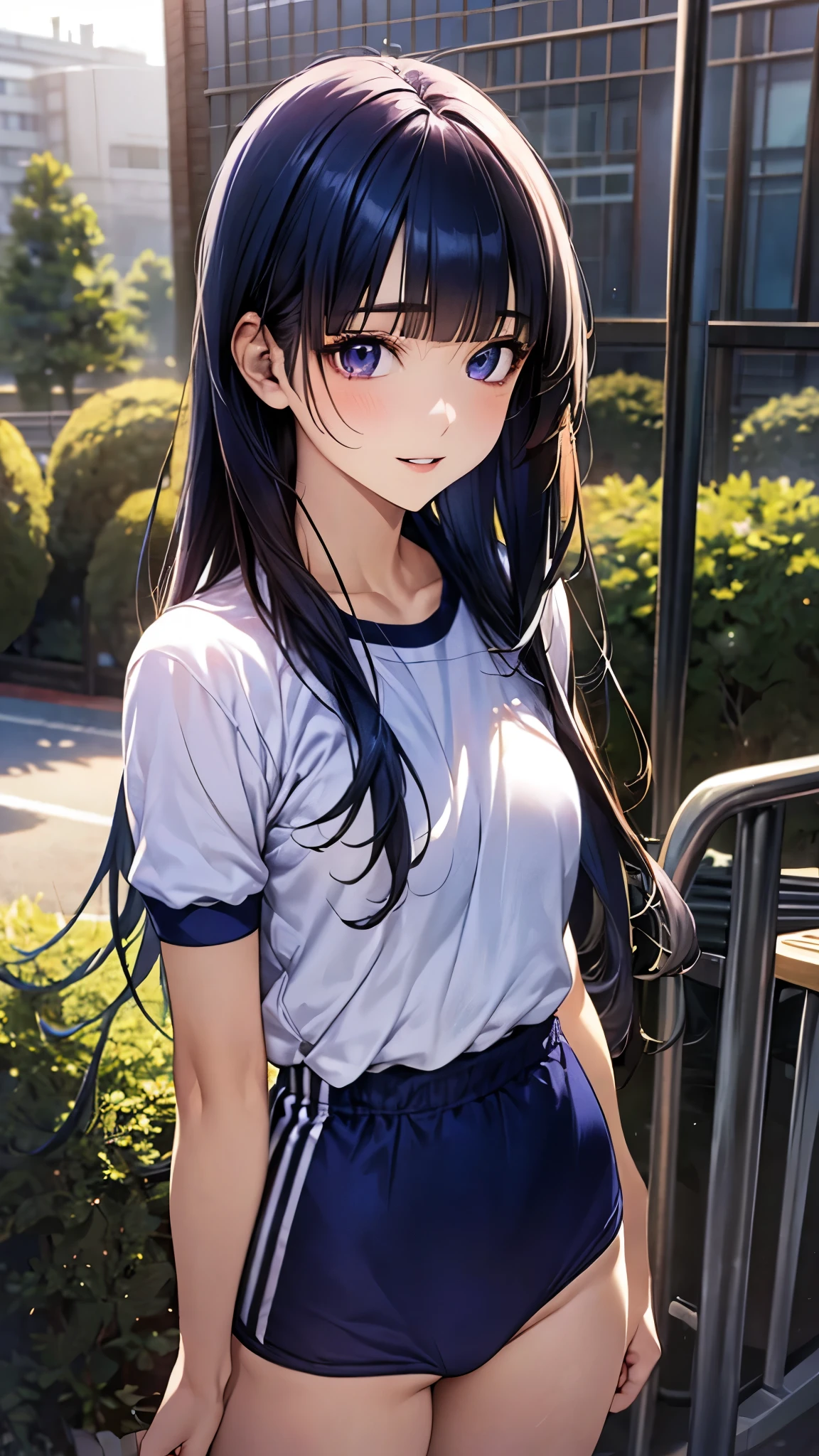 (masterpiece:1.2, top-quality), (realistic, photorealistic:1.4), beautiful illustration, (natural side lighting, movie lighting), nsfw, 
looking at viewer, 1 girl, japanese, high school girl, perfect face, cute and symmetrical face, shiny skin, 
(long hair:1.4, hime style, hime cut, navy blue hair), blunt bangs, purple eyes, big eyes, long eye lasher, (medium breasts, seductive thighs), slender, 
beautiful detailed hair, beautiful detailed face, beautiful detailed eyes, beautiful clavicle, beautiful body, beautiful chest, beautiful thigh, beautiful legs, beautiful fingers, 
(gym uniform, buruma), 
(beautiful scenery), evening, (school grounds), standing, fold arms, (lovely smile, upper eyes, parted lips),