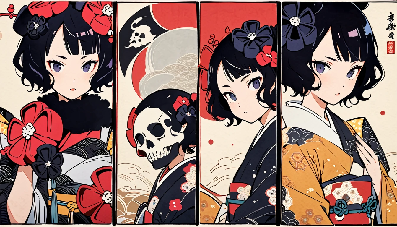 Cover your entire face with a skull mask, Highest quality, Katsushika Hokusai, Ink Painting, Delicate and precise, Modern ukiyo-e style,