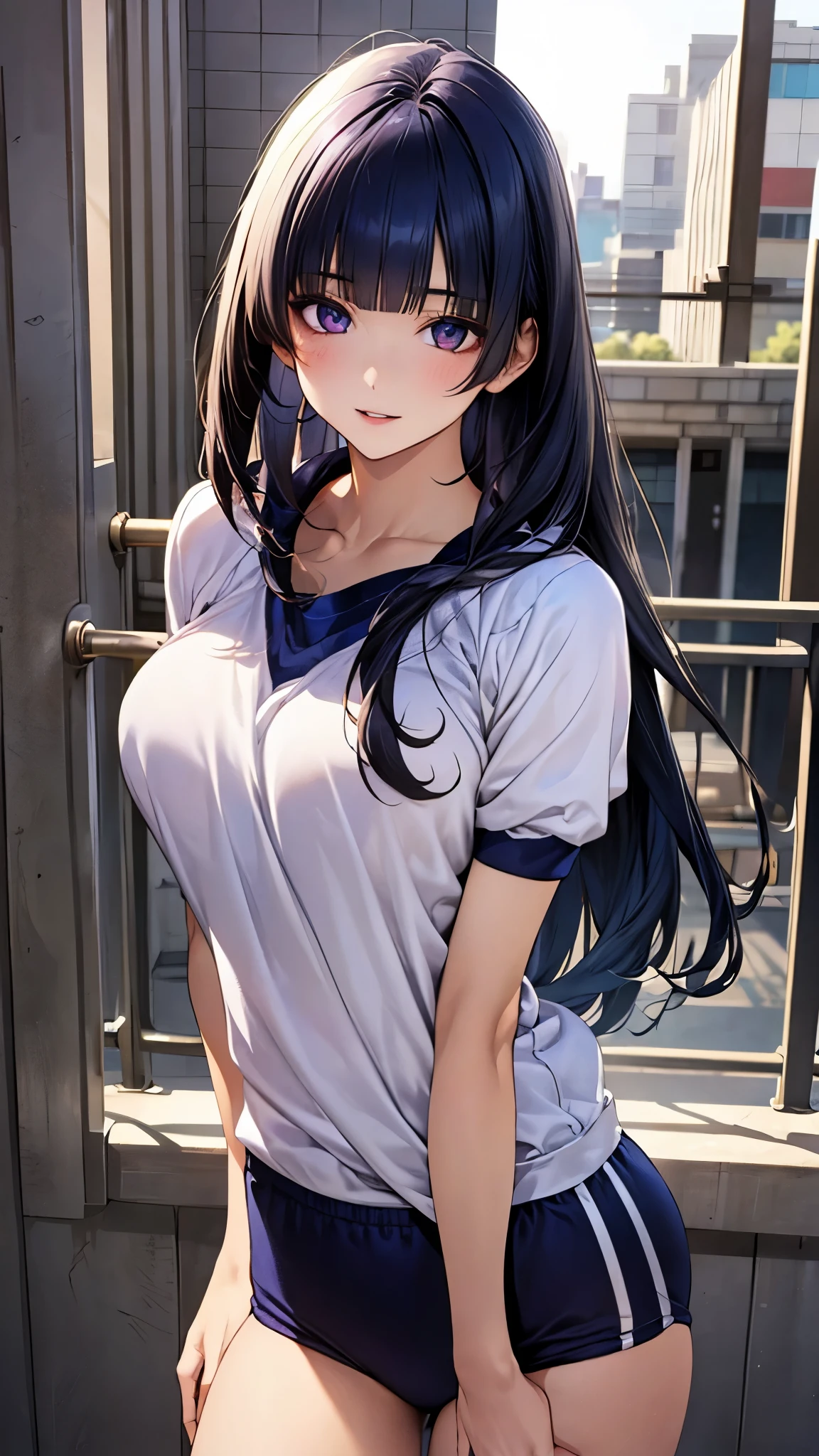 (masterpiece:1.2, top-quality), (realistic, photorealistic:1.4), beautiful illustration, (natural side lighting, movie lighting), ,
looking at viewer, 1 girl, japanese, high school girl, perfect face, cute and symmetrical face, shiny skin,
(long hair:1.4, hime style, hime cut, navy blue hair), blunt bangs, purple eyes, big eyes, long eye lasher, (medium breasts, seductive thighs), slender,
beautiful detailed hair, beautiful detailed face, beautiful detailed eyes, beautiful clavicle, beautiful body, beautiful chest, beautiful thigh, beautiful legs, beautiful fingers,
(gym uniform, buruma),
(beautiful scenery), evening, (school grounds), standing, fold arms, (lovely smile, upper eyes, parted lips),