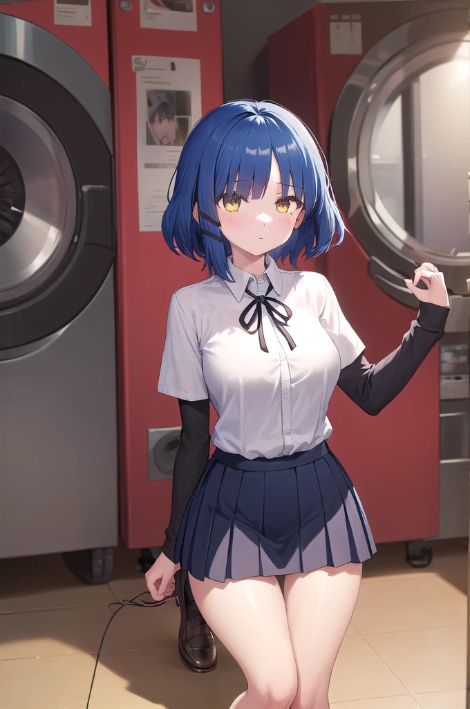 masterpiece, best quality, ultra-high-detailed, 1girl, white shirt, neck ribbon, short over long sleeves, pleated skirt, black pantyhose micro tanding、(Expressionless:1.3), Wide Hips, Thick thighs, (Thigh Gap:1.2), （Big Breasts:1.4),a room、（Wearing a collar）、（Being connected by a lead、）（squat:1.4)