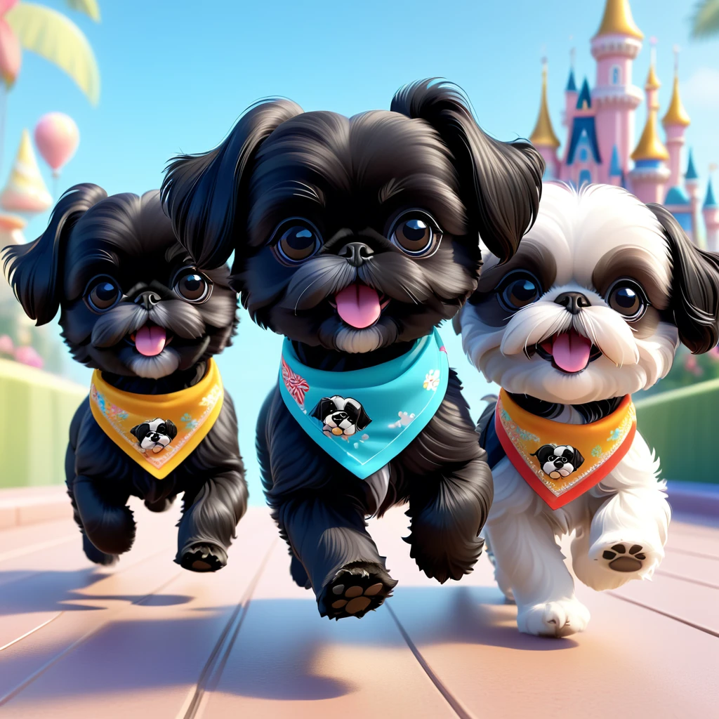 2 Adorable small black Shih Tzu puppies wearing bright bandannas and goggles skydiving Disney background 3d cartoon 3d render disney pixar style