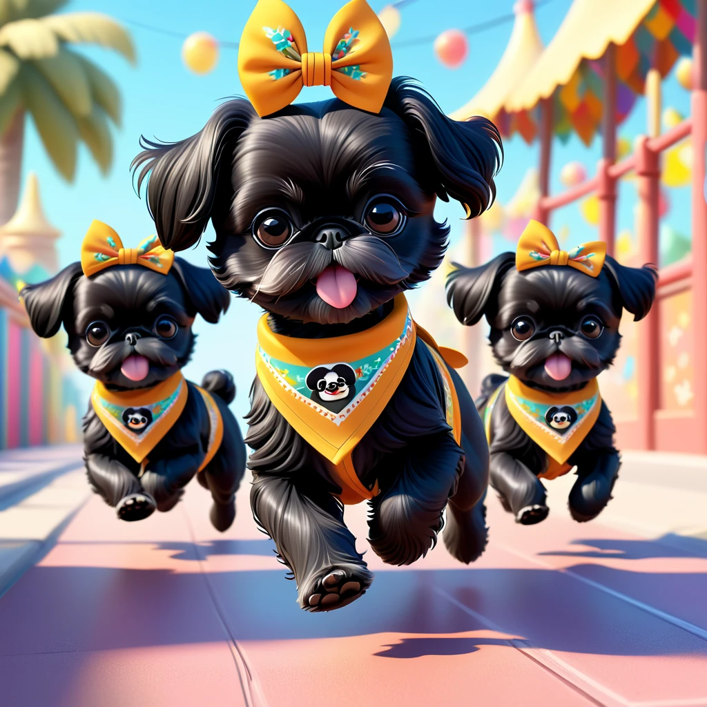 2 Adorable small black Shih Tzu puppies wearing bright bandannas and sunglasses running zoomies Disney background 3d cartoon 3d render disney pixar style
