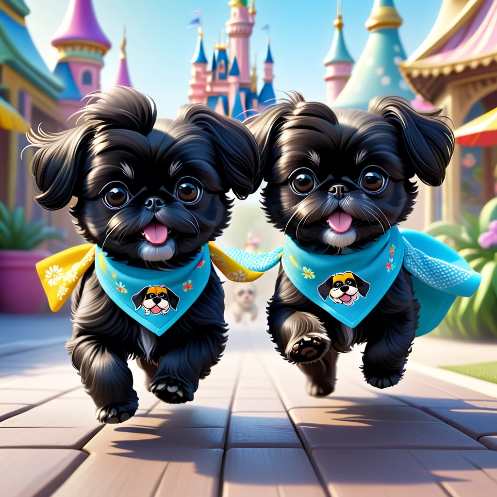 2 Adorable small black Shih Tzu puppies wearing bright bandannas and sunglasses running zoomies Disney background 3d cartoon 3d render disney pixar style