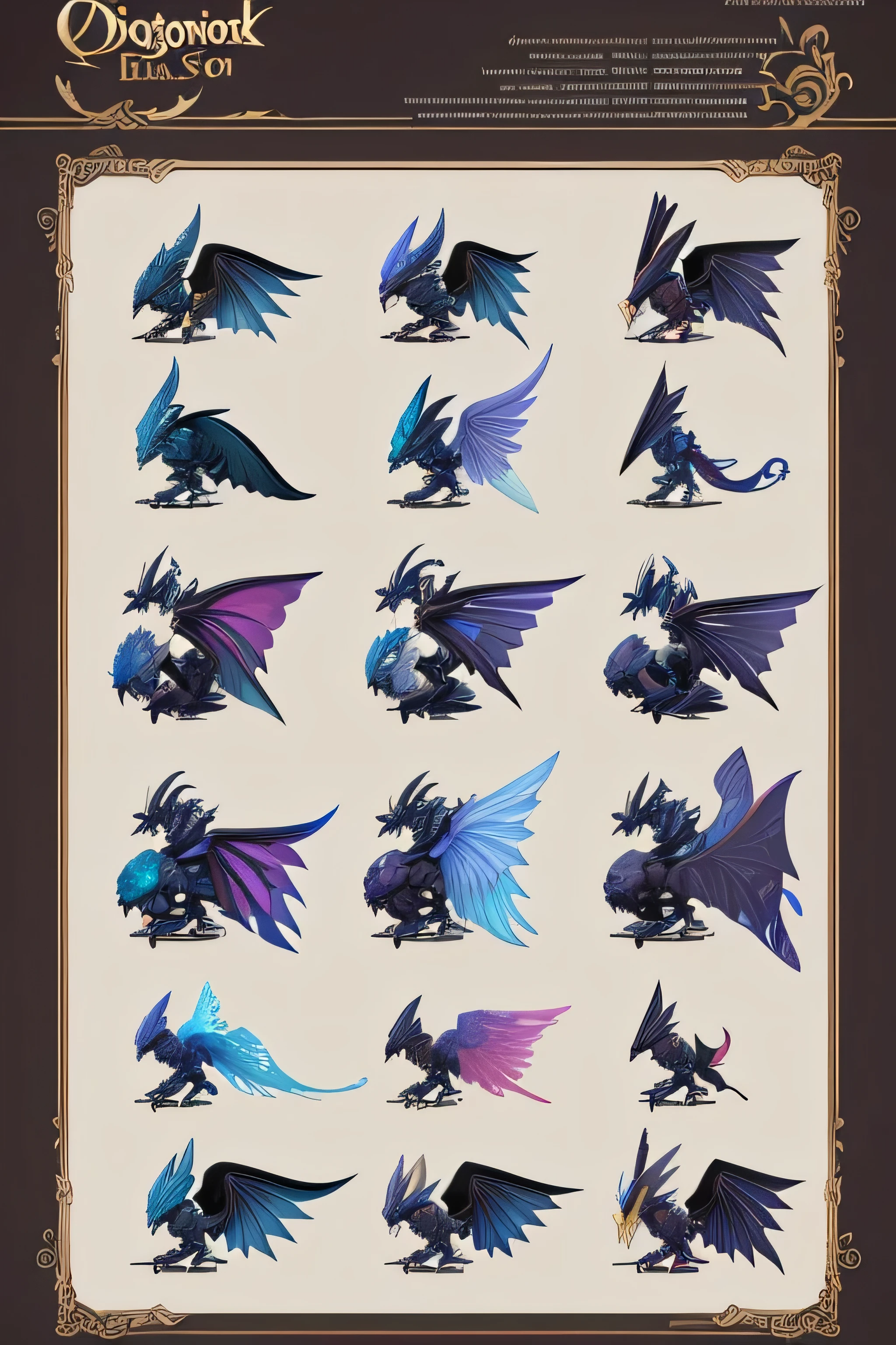 conceptual stylesheet of MULTIPLE ANGLED DRAGON WINGS, finished with MIX OF THE following styles, mechs, comix e dreamworks STUDIO