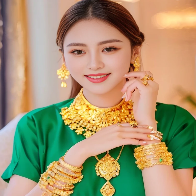 a close up of a woman wearing a green shirt and gold jewelry, Dressed in intricate green and gold., wearing gold jewelry, gold jewelry, In Lammanh style, gold jewelry, gold jewelryคำ, gold jewelryคำ, gold jewelryคำ, gold jewelry, gold and green, gold jewelry, Ao Dai, Wear luxurious jewelry., gold jewelryคำที่สลับซับซ้อน