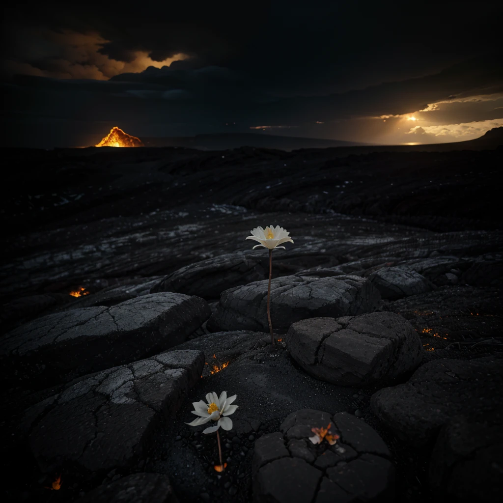 cinematic photography of a single white flower growing from between the cracks of black ashen rocks and fiery lava desolate grim landscape under black clouds with a hint of sun and god rays spotlight on the flower dark vignette effect