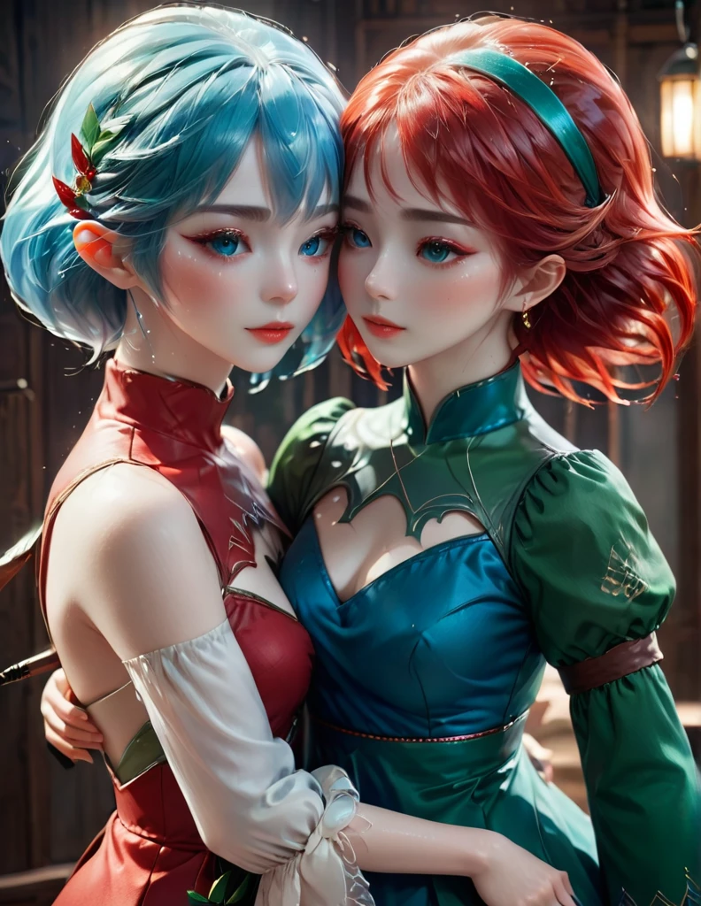 quality(8k wallpaper of extremely detailed CG unit, ​masterpiece, hight resolution, top-quality, top-quality real texture skin,hyper realisitic, digitial painting,increase the resolution,RAW photos，best qualtiy,highly detailed,the wallpaper),BREAK,8K, onmyoji-style art,  elf Girl and  elf girl ,  hugging, blue and red hair, dress, colorful makeup, green eyes 
 