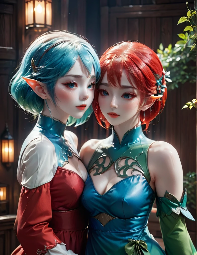 quality(8k wallpaper of extremely detailed CG unit, ​masterpiece, hight resolution, top-quality, top-quality real texture skin,hyper realisitic, digitial painting,increase the resolution,RAW photos，best qualtiy,highly detailed,the wallpaper),BREAK,8K, onmyoji-style art,  elf Girl and  elf girl ,  hugging, blue and red hair, dress, colorful makeup, green eyes 
 