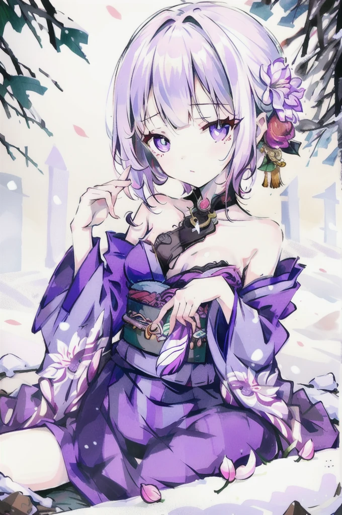 Highest quality, masterpiece,White Hair, Purple Eyes, Purple kimono, Exposing shoulders, ,Fair skin, Long Hair, Long Bangs,  Small breasts, Confused eyes, snow, sexy, Cemetery, Cross Grave, jitome, lotus position, stretching