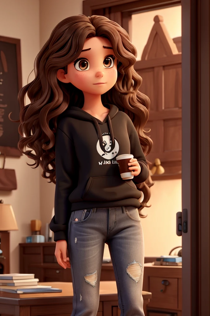 Brown eyes Brown hair (wavy)
Average height In black sweatshirt Loose jeans Big hair