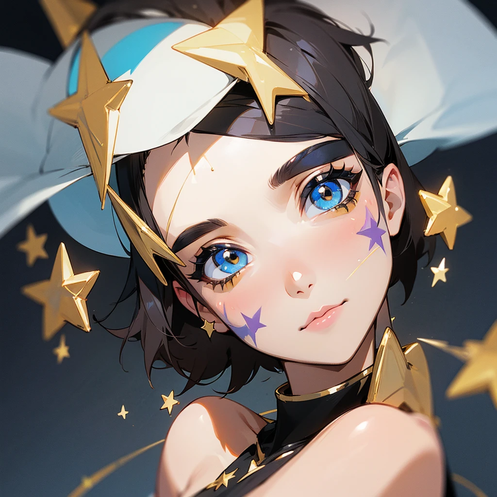 Star face paint, white hat, black camisole, gold short hair