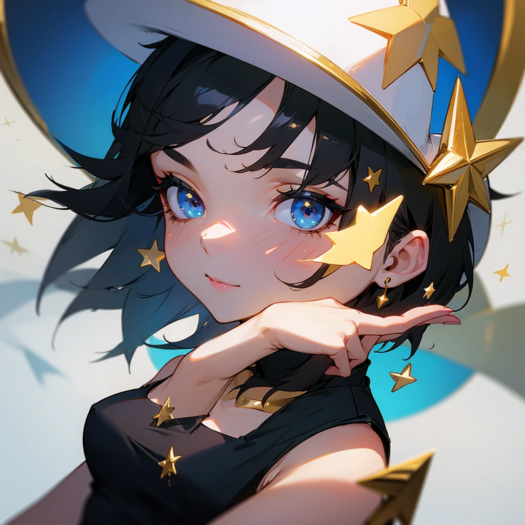 Star face paint, white hat, black camisole, gold short hair