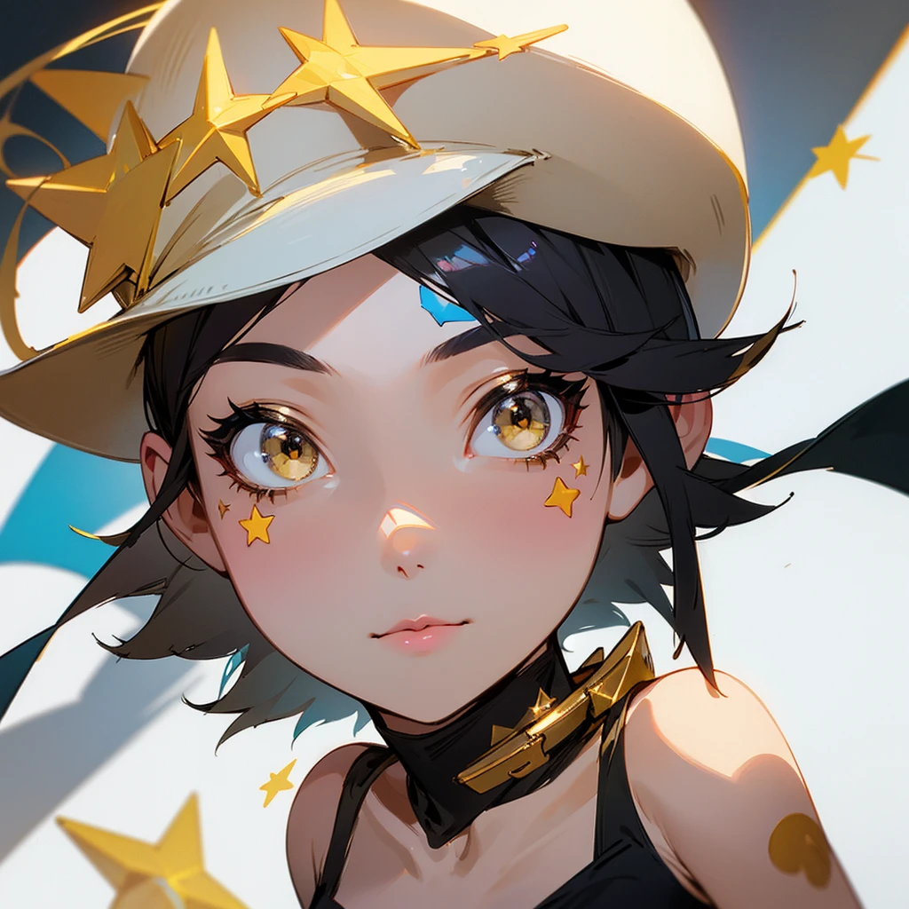 Star face paint, white hat, black camisole, gold short hair