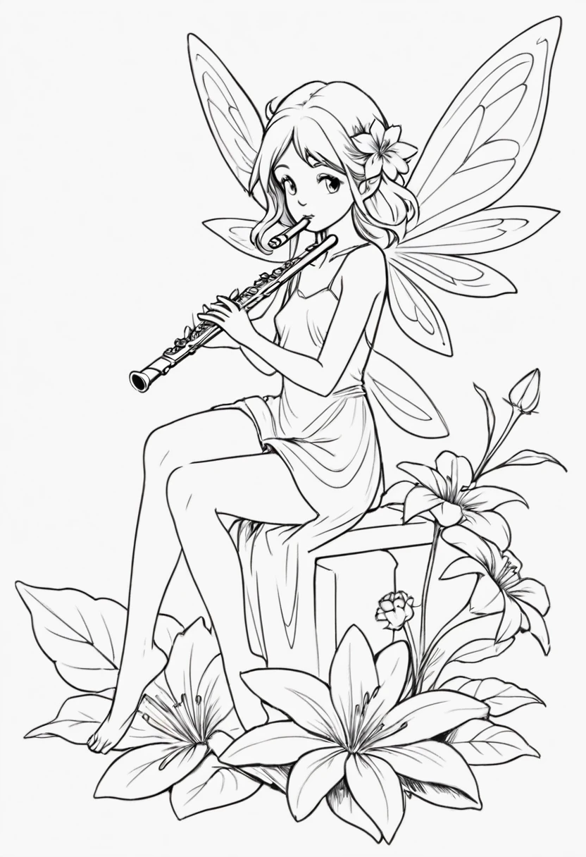 A fairy sitting on a large flower, playing a flute. clean line art, white background, colouring page, clean outline, sketch style, clean lines