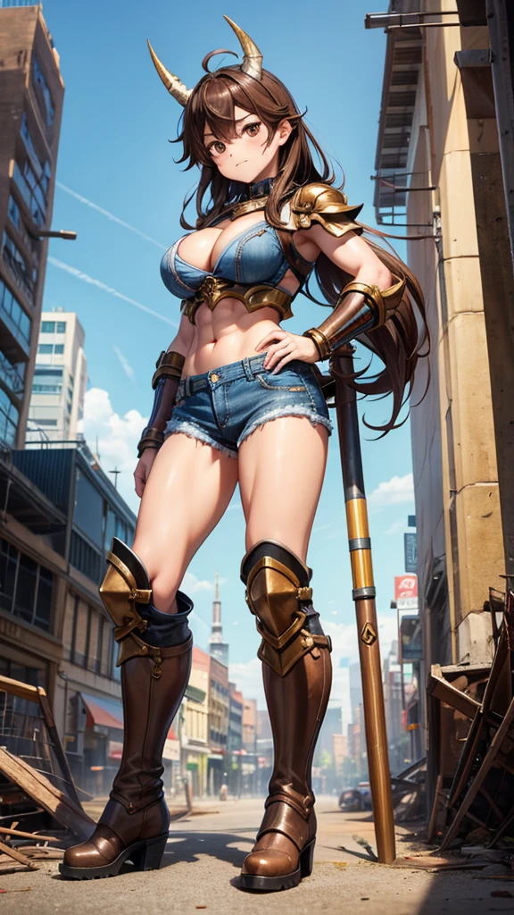 Adult woman with brown hair and horns,muscle,Abdominal muscles,metal breastplate,cleavage,Denim shorts,ushio,Bare Legs,boots,Big hammer,ruined city