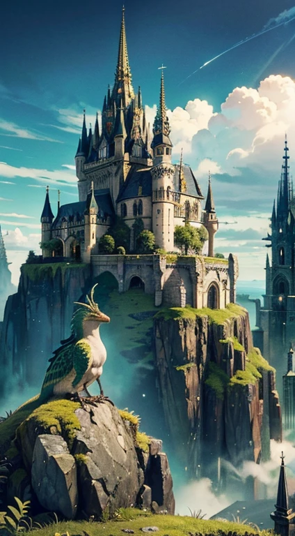 (Best quality, 4K, A high resolution), Gothic fantasy city on an island, Mossy Rocks, gold details, dragon-like decorations, bird's-eye, middle: Oil painting, ultra detailed, realistic lighting, bright colors, noisy,