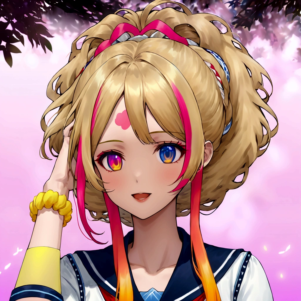 She has blonde hair tied messily around the back of her head and two long strands of dyed pink bangs on either side of her forehead with a side swept bang in the center.. His eyes are sapphire blue and he has pale skin.. She wears light blue makeup, three colorful yellow scrunchies, fuchsia and light blue on both wrists,