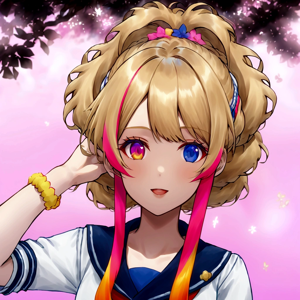 She has blonde hair tied messily around the back of her head and two long strands of dyed pink bangs on either side of her forehead with a side swept bang in the center.. His eyes are sapphire blue and he has pale skin.. She wears light blue makeup, three colorful yellow scrunchies, fuchsia and light blue on both wrists,