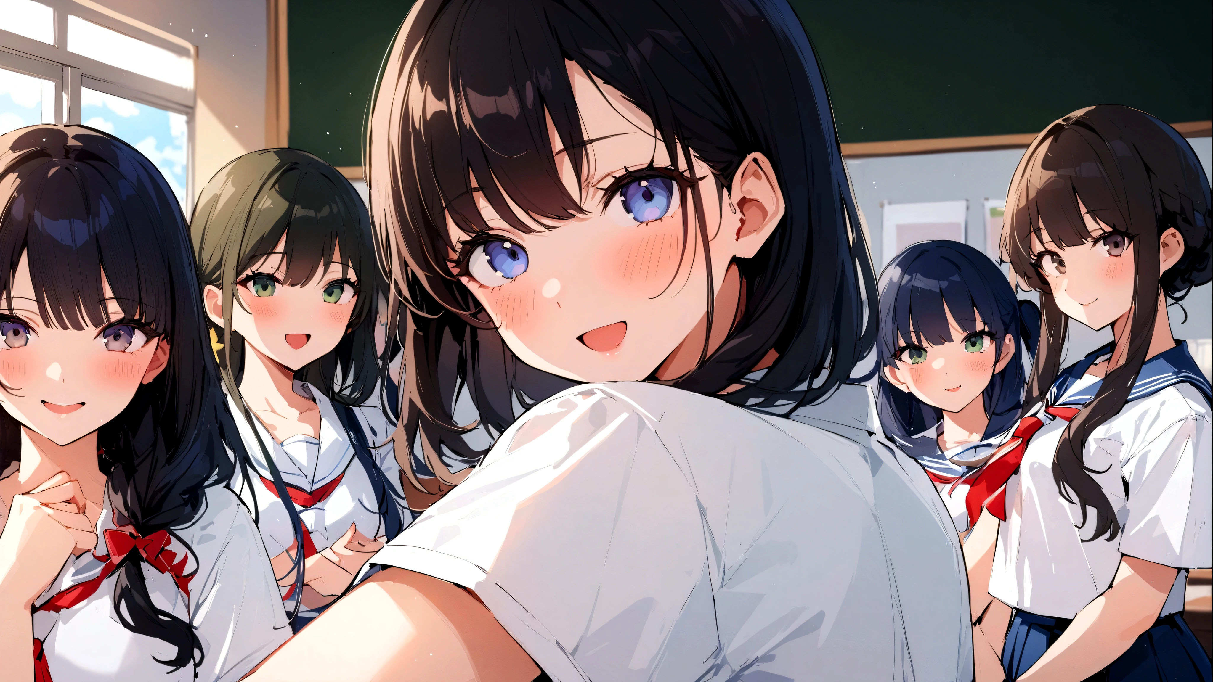 Gymnastics、White T-shirt、7 girls, Photo of beautiful Japanese idols in School, Againm \(Again:NULL\), [smile], blush, School、 masterpiece, highest quality, perfect lighting,  skirt, medium bAgainsts,，sailor suit、hair above one eye、hair accessorieidsummer、super fine illustration,(((beautiful fine hair))),(((beautiful fine face))),(((beautiful fine background))),