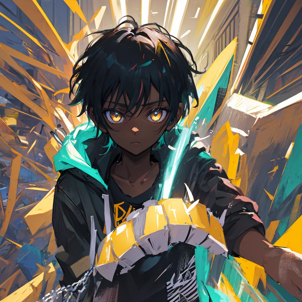 A dark-skinned boy with small light eyes worn punk style