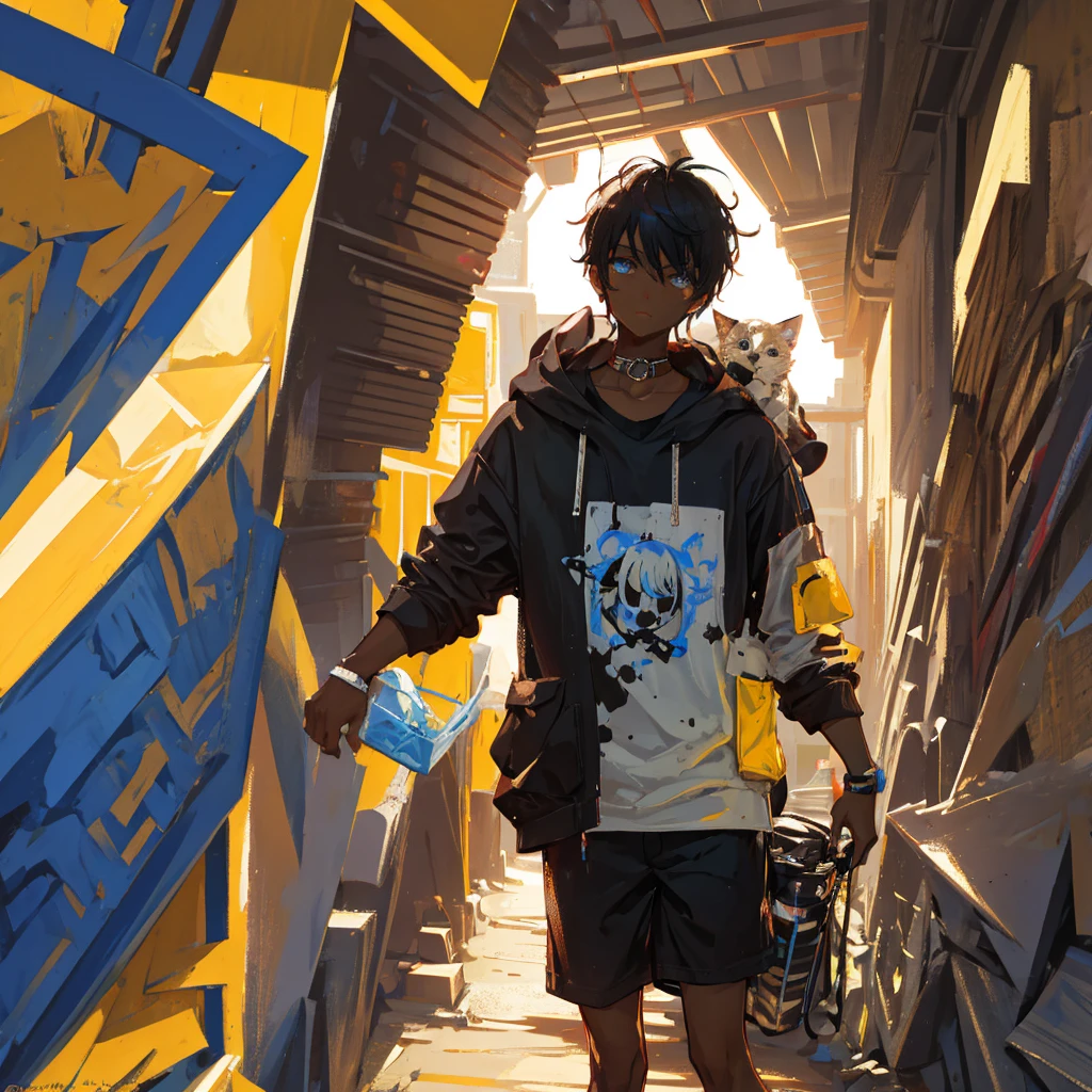 A dark-skinned boy with small light eyes worn punk style