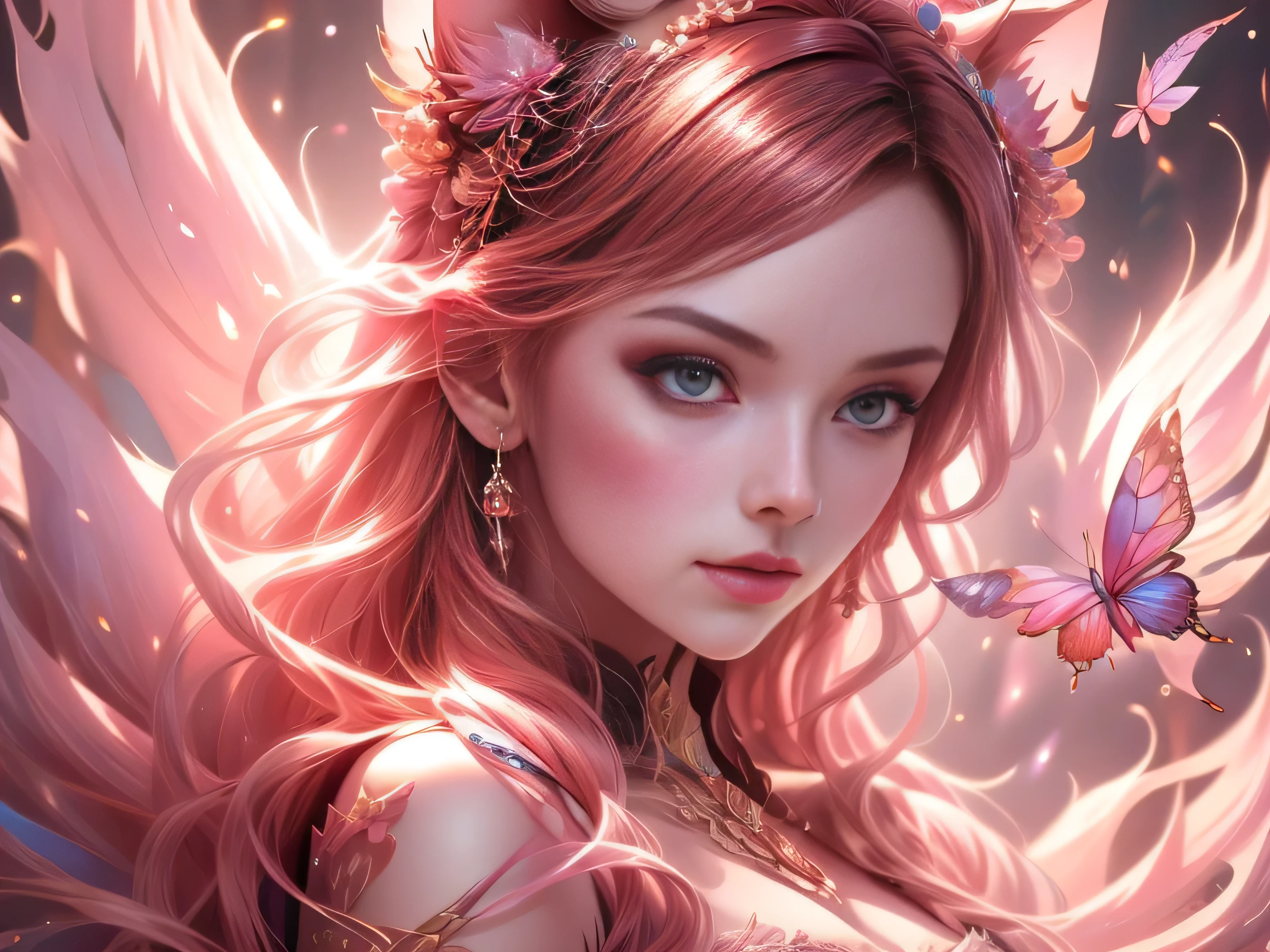 (Best Quality, 8K, Masterpiece, HDR, Soft Lighting, Picture Perfect, Realistic, Vivid), Cat Girl (1.0), Cat Girl with Red Hair and brown eyes and Sexy Revealing Clothes, Pink Bodysuit with Glitter Texture, Beautiful Anime Fantasy, Very beautiful and cute cat girl, large pink butterflies fly around, background blur, anime fantasy, work in Gouves style, realistic: 1.37, top view, red cat girl lies in blue flowers, large pink butterflies fly around, horizontal view, (Ultra High Quality Fantasy Art), Masterpiece, Female Model, Ultra High Quality Female Character Designs, Detailed 8k Anime Art, Realistic Anime Art, Highest Quality Wallpapers, Intricate Ultra High Quality Accurate Female Character Faces, High Quality Designs and Accurate Physics (Fantasy - Ultra High Quality) quality) quality)) art), dark fantasy style), masterpieces, super high-quality characters, anime resolution - 8K, realistic anime art, wallpaper with the highest quality illustrations, ultra-high detail of faces, high-quality design and accurate physics), color, depth of field, shadows, ray tracing, high quality workmanship. -high quality and 8K resolution, (Accurate simulation of the interaction of light and materials)], [High-quality hair detail [More about beautiful and shiny red hair]], (Beautifully detailed hands [perfect fingers [Perfect nails]]], (perfect anatomy (perfect proportions)))) [[Full-length]], [Perfect combination of colors (Accurate imitation of the interaction of light and material)], [art that conveys the meaning of the story](modified)
