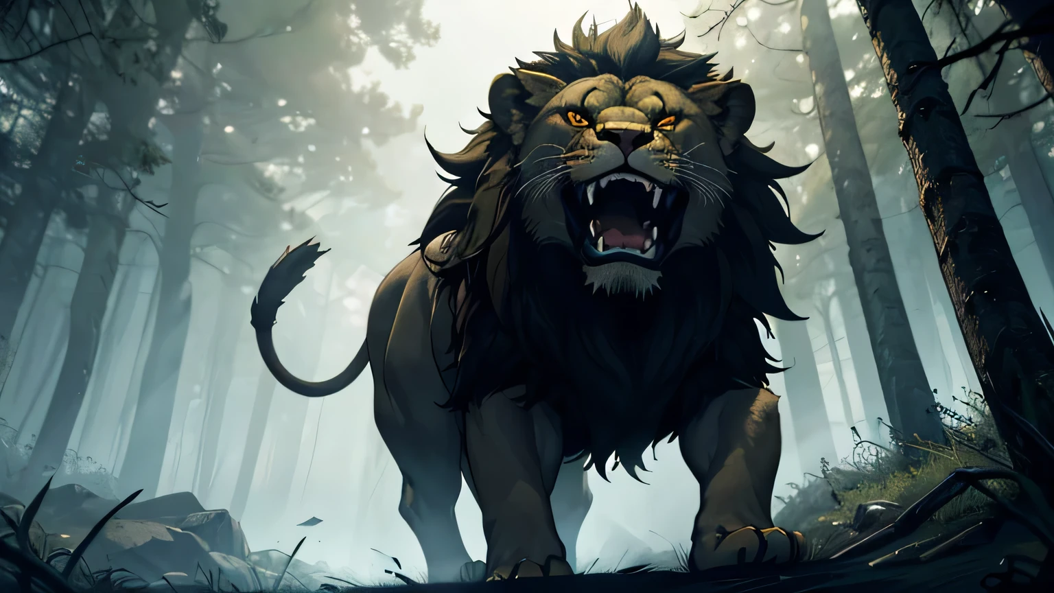 angry lion, attacking in a jump in the air bright yellow eyes, sharp fangs, moody lighting, hyper realistic, gloomy and mysterious forest, cinematic lighting, intricate details, 8k, high quality, photorealistic, dramatic, powerful, majestic