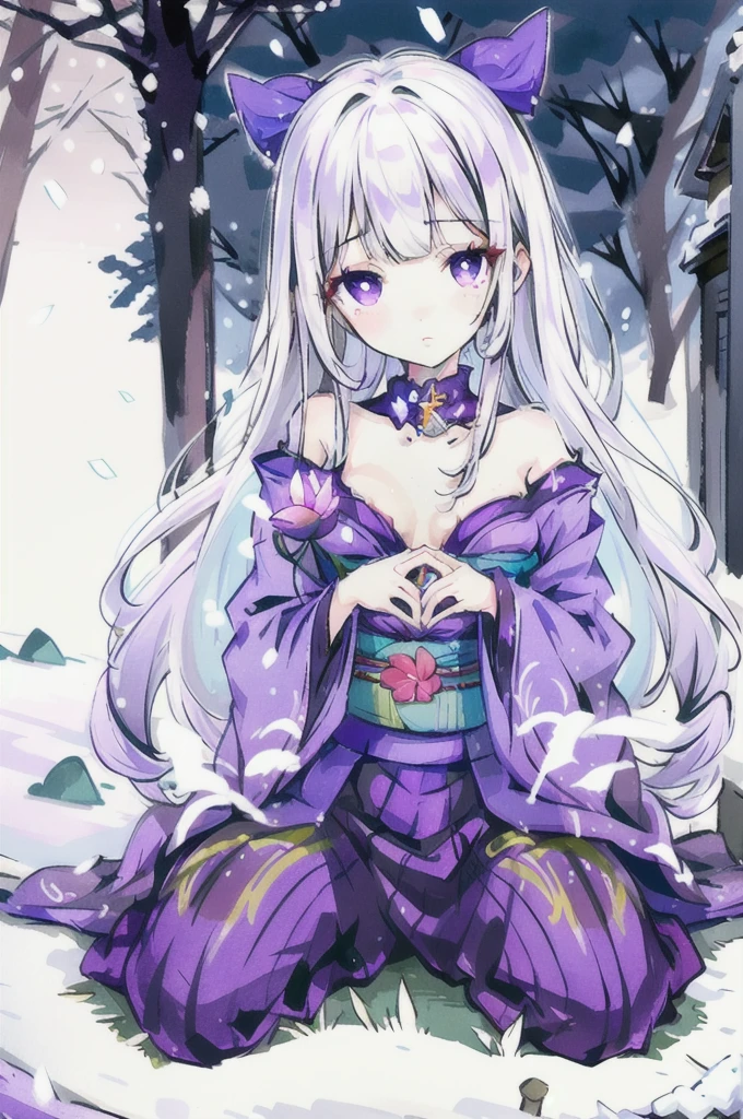 Highest quality, masterpiece,White Hair, Purple Eyes, Purple kimono, Exposing shoulders, ,Fair skin, Long Hair, Long Bangs, Small breasts, Confused eyes, snow, sexy, Cemetery, Cross Grave, jitome, lotus position, stretching