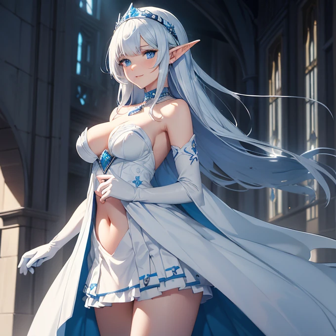(absurdres, best high quality image, carefuly detailed features and textures, very detailed image, solo character alone, full character view): {{(1character: half-elf princess ice girl), (pale skin, pure white medium straight hair, blue eyes with white pupils, short pointy ears, light blue lips, white eyebrows, big breasts, nice body), (1,52 body height, pale blue strapless dress with a white trim in the belly, blue royal head band, silver necklace, white long sleeved gloves, blue long boots with pointy heels), (short crystal wand), (innocent fase, shy smile, shy standing pose, holding her wand with left hand), (greek style elvish city, sunny day morning)}}