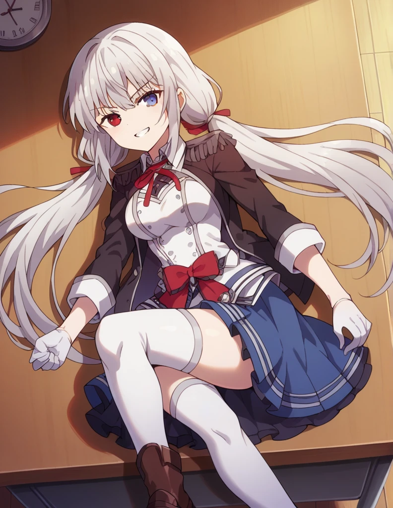 1girl, solo, long hair, breasts, medium breasts, looking at viewer, smile, clock blue eyes, , skirt, shirt, red eyes, thighhighs, gloves, long sleeves, ribbon, twintails, lying, on the desk, very long hair, black jacket, skirt, white hair, shoes, white gloves, grin, white thighhighs, red ribbon, blue skirt, neck ribbon, low twintails, heterochromia, brown footwear, crossed legs, loafers, tokisaki kurumi, in the school, removing jacket