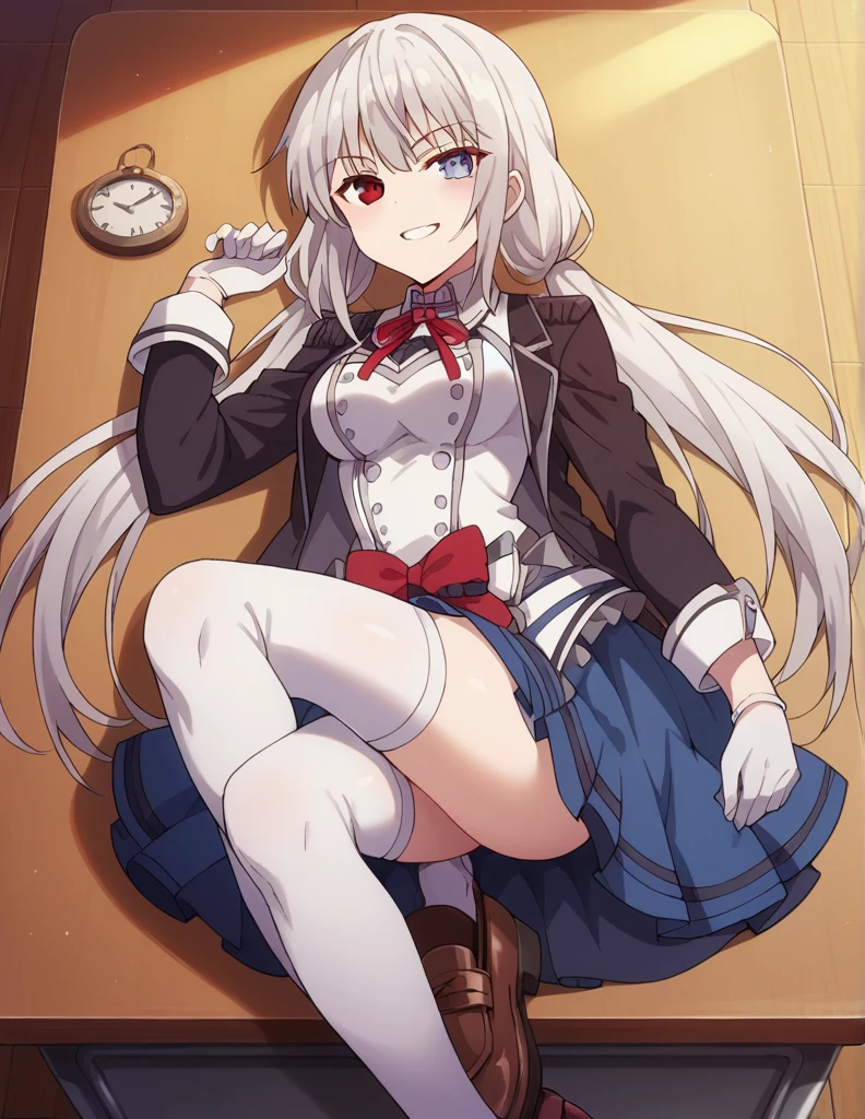 1girl, solo, long hair, breasts, medium breasts, looking at viewer, smile, clock blue eyes, , skirt, shirt, red eyes, thighhighs, gloves, long sleeves, ribbon, twintails, lying, on the desk, very long hair, black jacket, skirt, white hair, shoes, white gloves, grin, white thighhighs, red ribbon, blue skirt, neck ribbon, low twintails, heterochromia, brown footwear, crossed legs, loafers, tokisaki kurumi, in the school, removing jacket