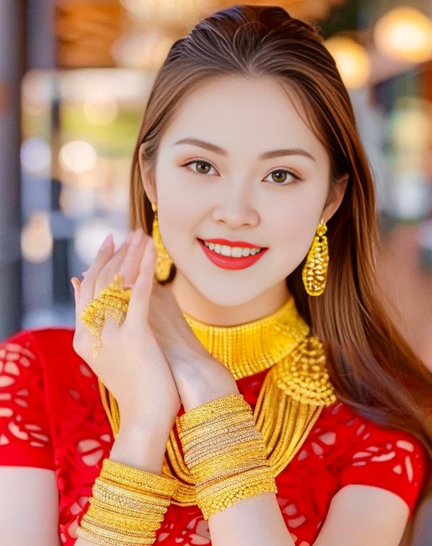 a close up of a woman wearing a green shirt and gold jewelry, Dressed in intricate green and gold., wearing gold jewelry, gold jewelry, In Lammanh style, gold jewelry, gold jewelryคำ, gold jewelryคำ, gold jewelryคำ, gold jewelry, gold and green, gold jewelry, Ao Dai, Wear luxurious jewelry., gold jewelryคำที่สลับซับซ้อน